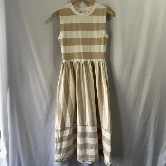 Evereve Women’s Dress Beige White stripe XS Midi Classic Preppy Terry Pockets - Picture 1 of 10